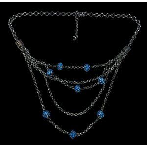 Blue And Gunmetal Tone Multilayer Chain And Rhinestone Beaded Necklace